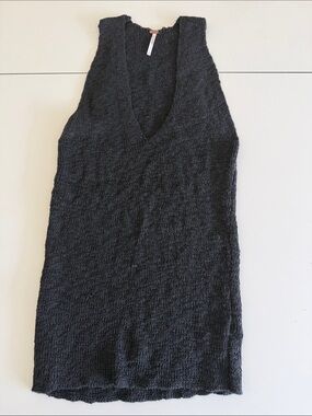 Free People Black Textured Knit Long V-Neck Sweater